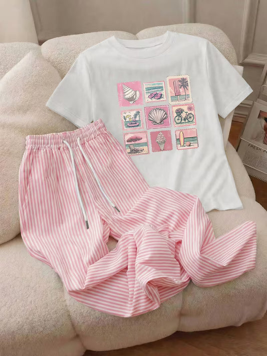 Women’s Cotton 2-Piece Pajama Set – Graphic T-Shirt & Striped Lounge Pants