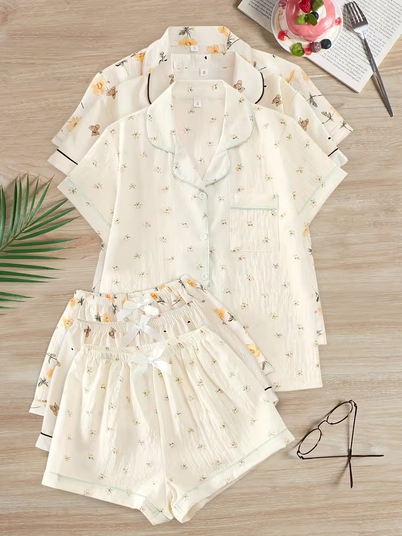 Women’s Set of 3 Floral Print Pajama Sets – Short Sleeve Button-Up Sleepwear
