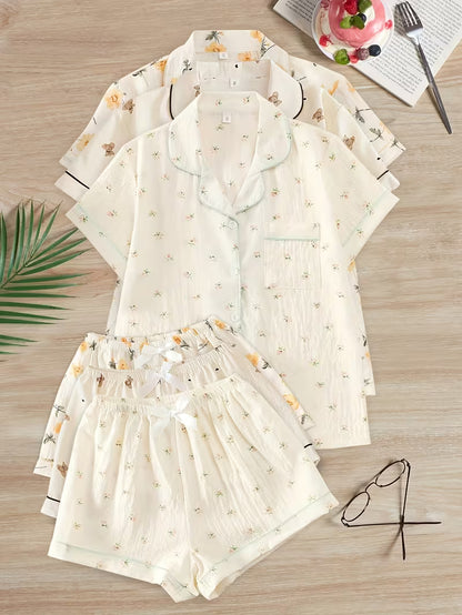 Women’s Set of 3 Floral Print Pajama Sets – Short Sleeve Button-Up Sleepwear