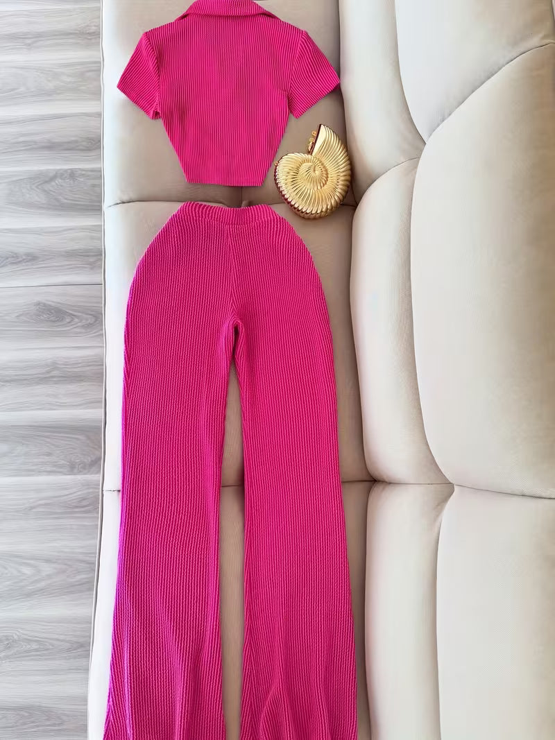 Women’s Pink Ribbed Collared Crop Top & Wide-Leg Pants Set