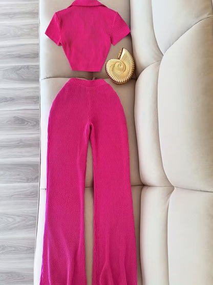 Women’s Pink Ribbed Collared Crop Top & Wide-Leg Pants Set