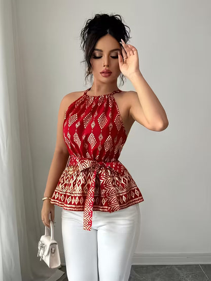 Red Printed Halter Neck Tie-Waist Peplum Top