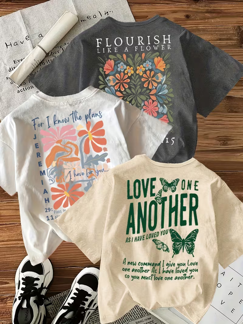 Set of 3 Cotton Graphic Printed T-Shirts for Women