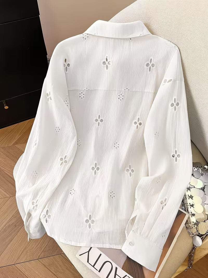 Women’s White Floral Eyelet Embroidery Button-Down Shirt