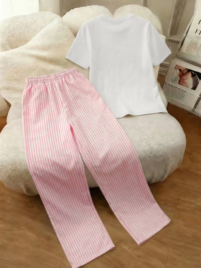 Women’s Cotton 2-Piece Pajama Set – Graphic T-Shirt & Striped Lounge Pants