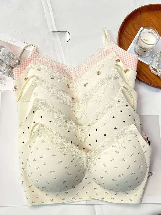 Women's 5PCS Lace Trim Printed Everyday Bra