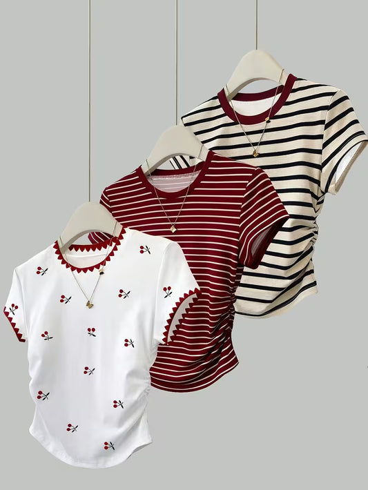 Women's Striped & Cherry Print T-Shirt Set | 3-Piece Casual Tees