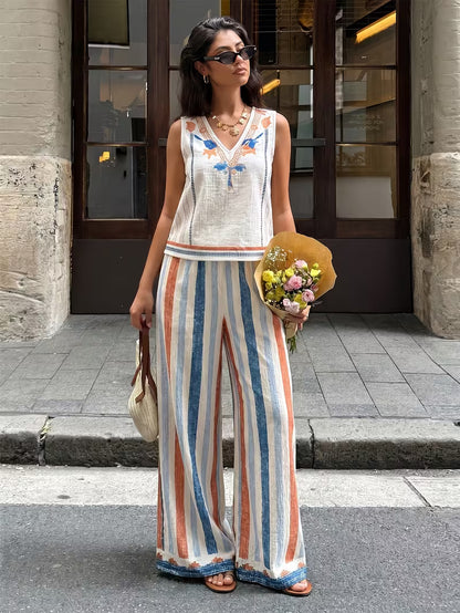 Santorini Striped Embroidered Co-Ord Set – Multicolor