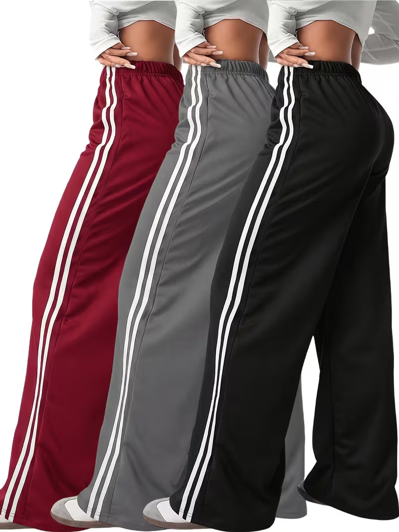 Women’s Contrast Stripe Wide-Leg Track Pants – Pack of 3