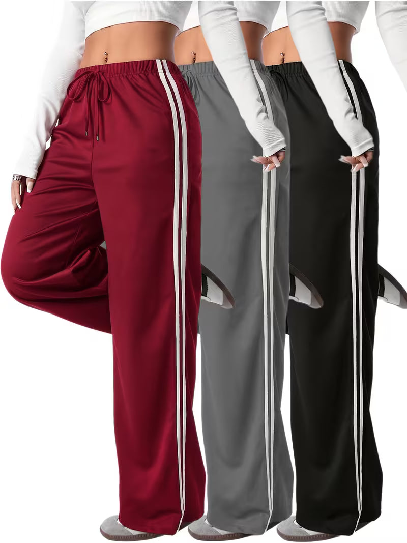 Women’s Contrast Stripe Wide-Leg Track Pants – Pack of 3