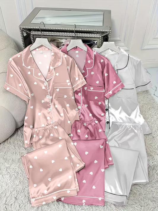 Women’s Satin Heart Print Pajama Set – Short Sleeve Button-Up Sleepwear (Set of 3)