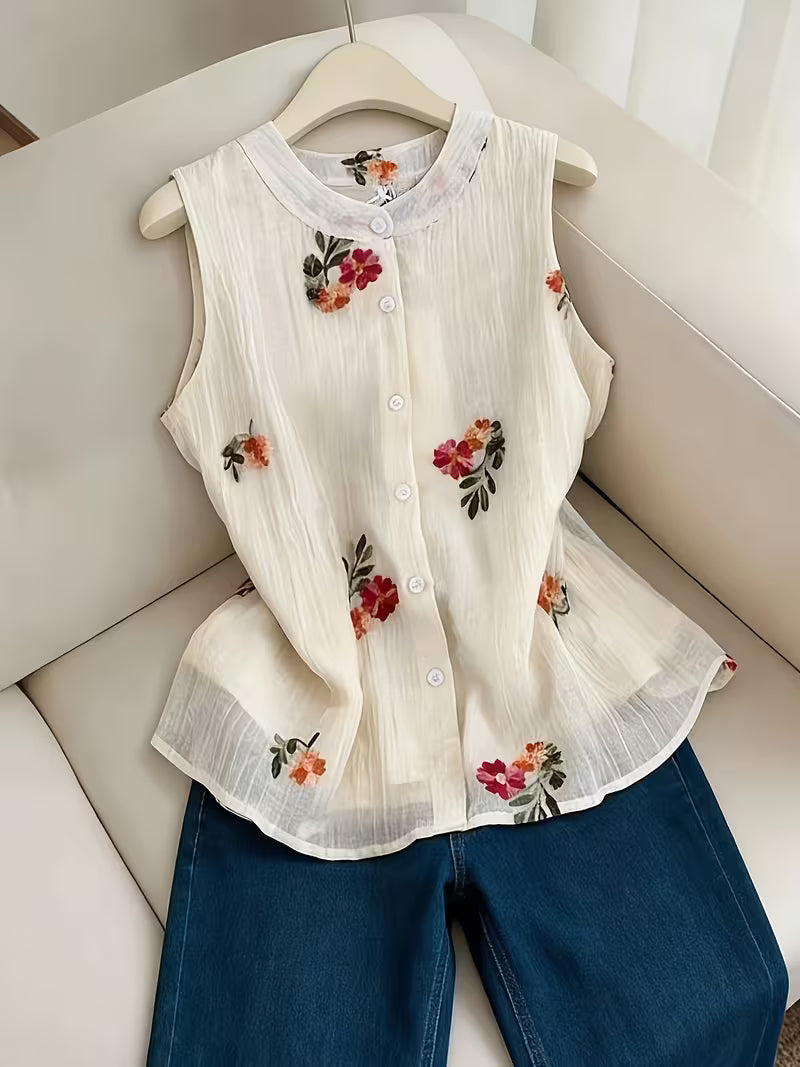 Floral Button-Down Cotton Sleeveless Top