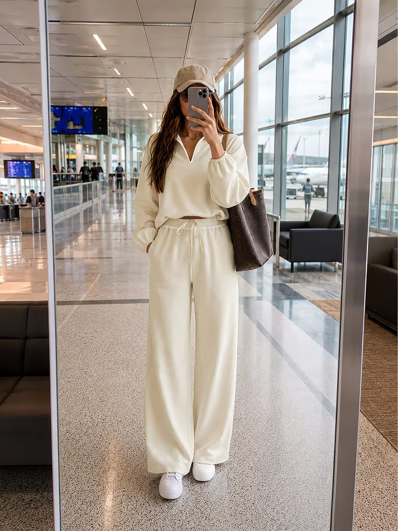 Women’s Cream White Collared Top and Wide-Leg Pants Co-Ord Set