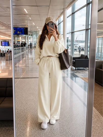 Women’s Cream White Collared Top and Wide-Leg Pants Co-Ord Set