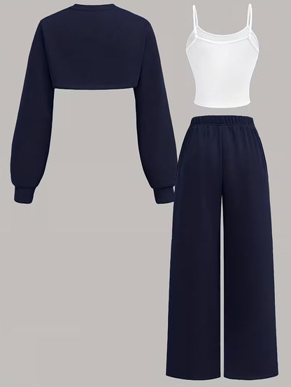 Women’s Navy Blue Cropped Sweatshirt & Wide-Leg Pants 3-Piece Co-Ord Set