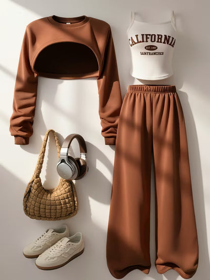 Women’s Brown Crop Sweatshirt & Wide-Leg Pants 3-Piece Co-Ord Set