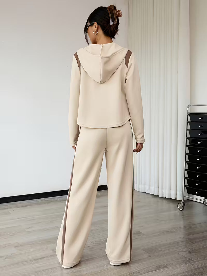 Women’s Beige Hooded Jacket and Wide-Leg Pants Co-Ord Set with Brown Side Stripes