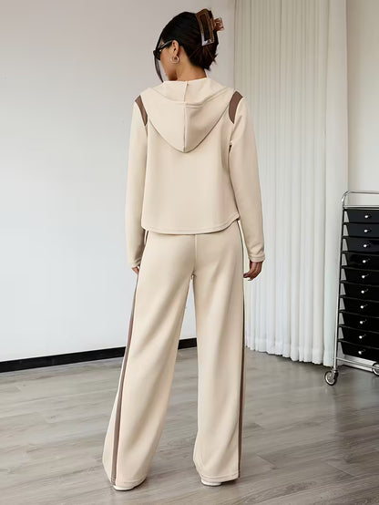 Women’s Beige Hooded Jacket and Wide-Leg Pants Co-Ord Set with Brown Side Stripes