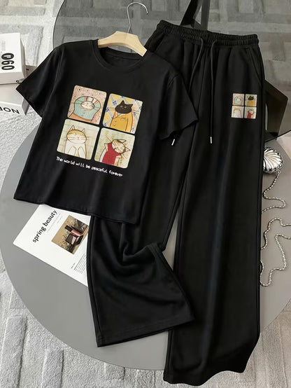 Women's Cat Print Co-Ord Set – T-Shirt & Wide-Leg Pants
