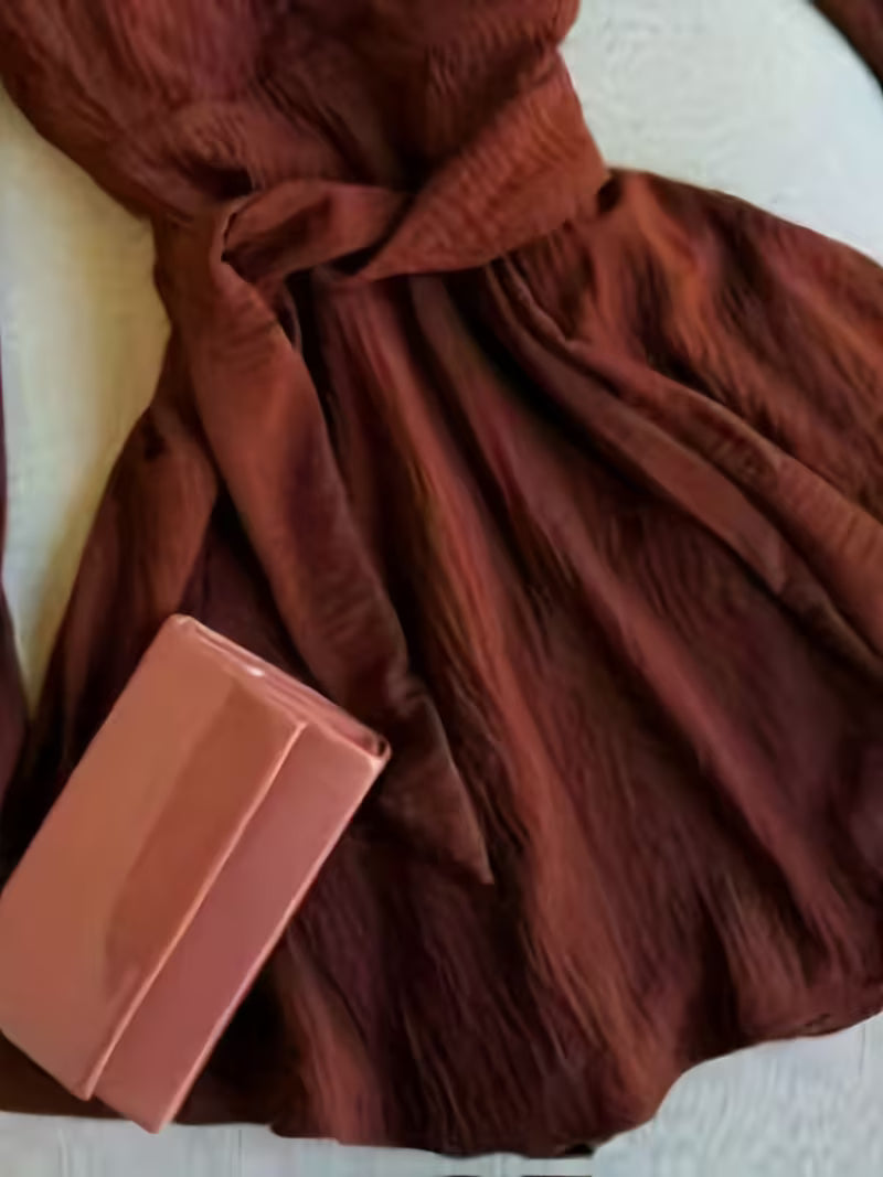 Chocolate Brown Ruched Long Sleeve Wrap Dress