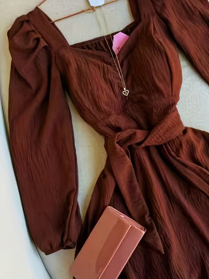 Chocolate Brown Ruched Long Sleeve Wrap Dress