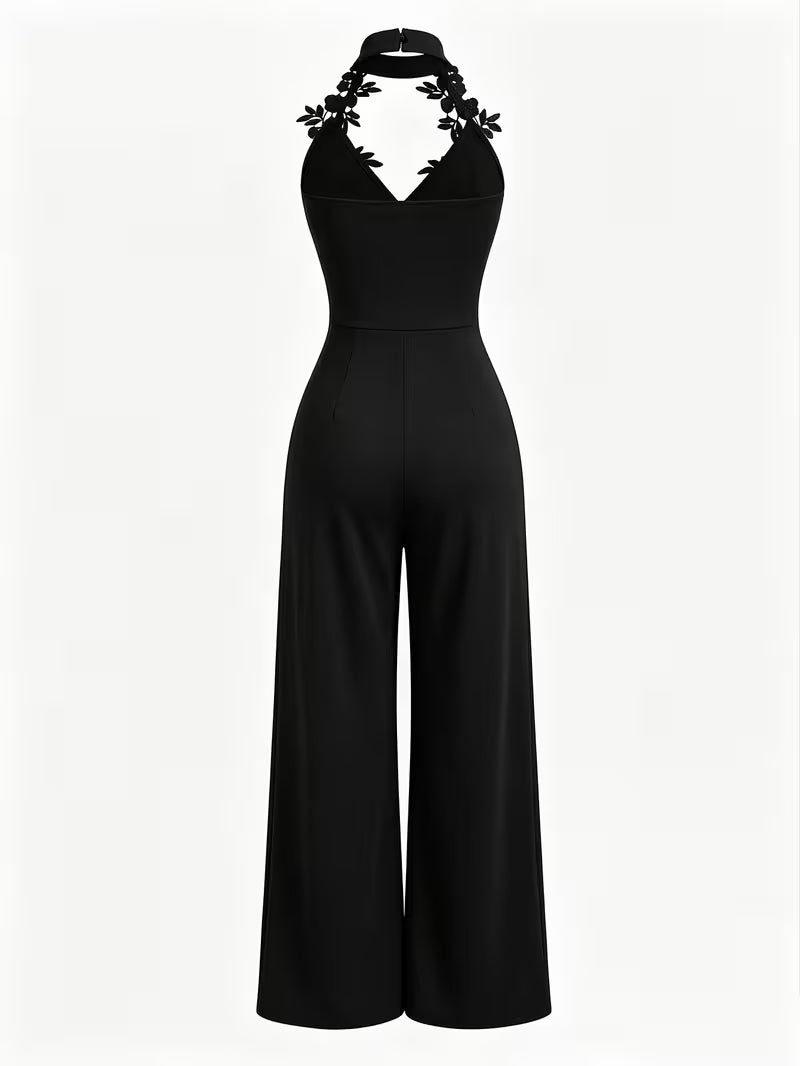 Women’s Black Floral Halter Neck Wide-Leg Jumpsuit