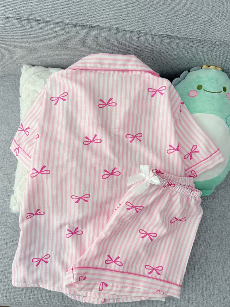 Women’s Pink Bow Print Striped Pajama Set – Short Sleeve Button-Up Sleepwear