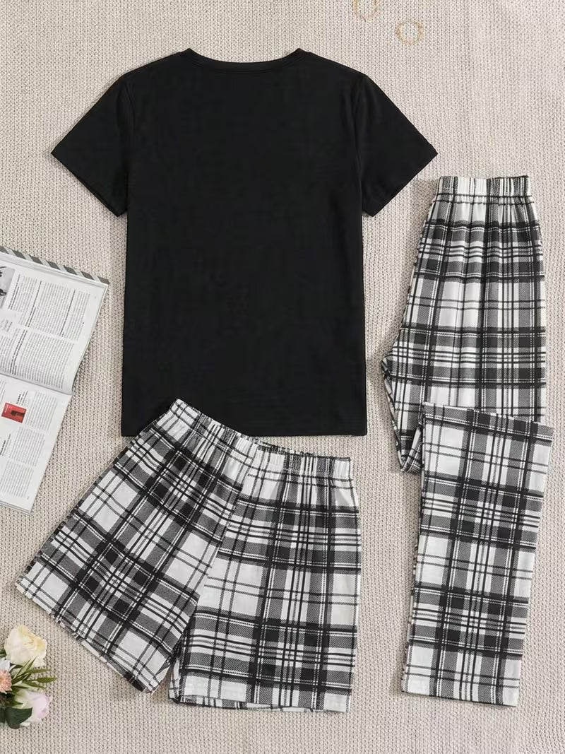 Women’s 3-Piece Black Heart Print Pajama Set – T-Shirt, Plaid Shorts & Lounge Pants