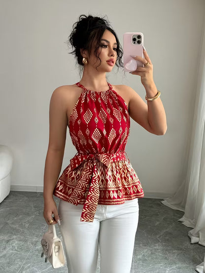 Red Printed Halter Neck Tie-Waist Peplum Top
