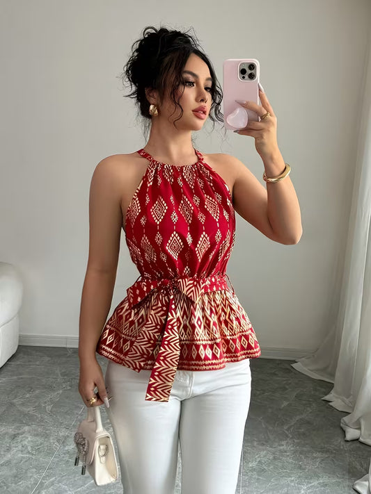 Red Printed Halter Neck Tie-Waist Peplum Top