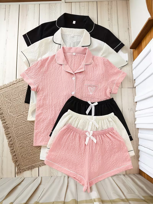 Women’s Set of 3 Solid Color Pajama Sets – Short Sleeve Button-Up Sleepwear