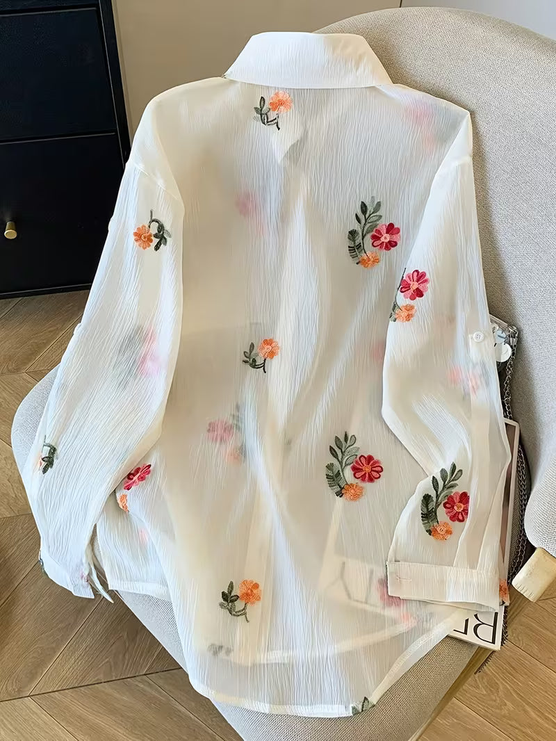 Women's Embroidered Floral Two-Piece Lounge Set | Long Sleeve Shirt & Drawstring Pants