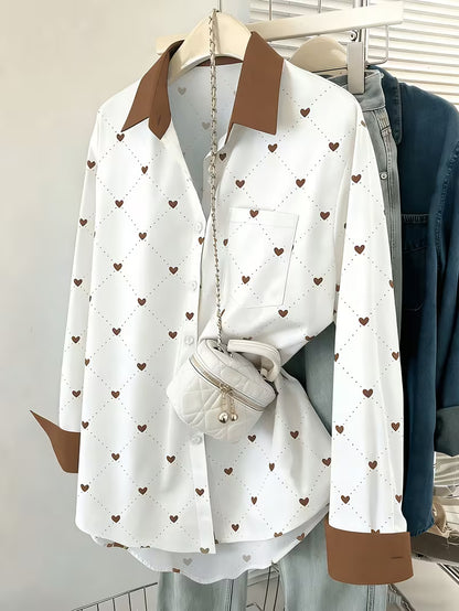 Women’s White Heart Print Button-Down Shirt