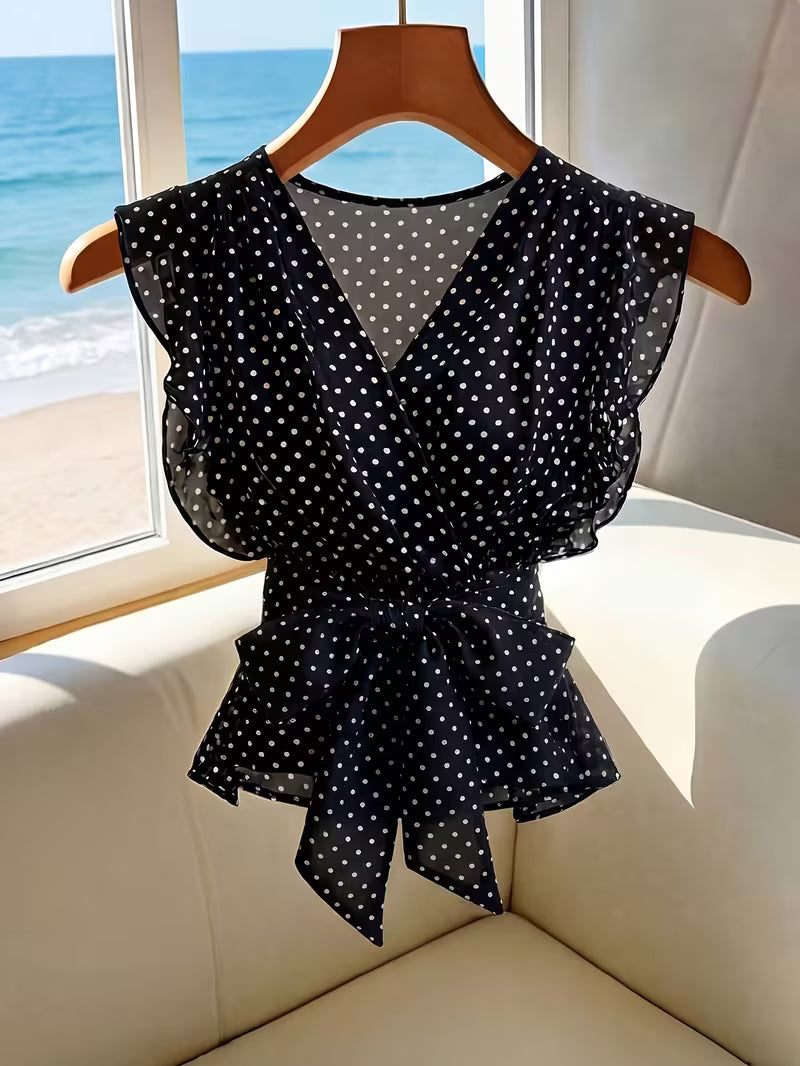 Women’s Black Polka Dot Ruffle Wrap Peplum Top
