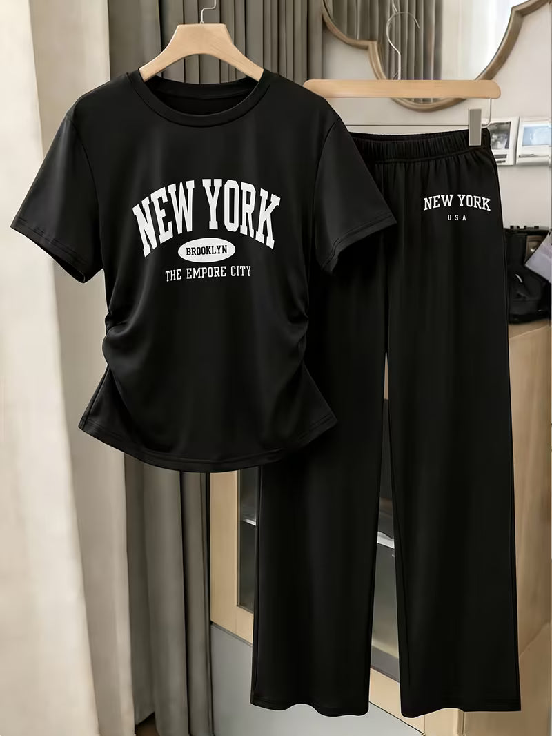 Women's New York Satin T-Shirt & Wide-Leg Pants Co-Ord Set