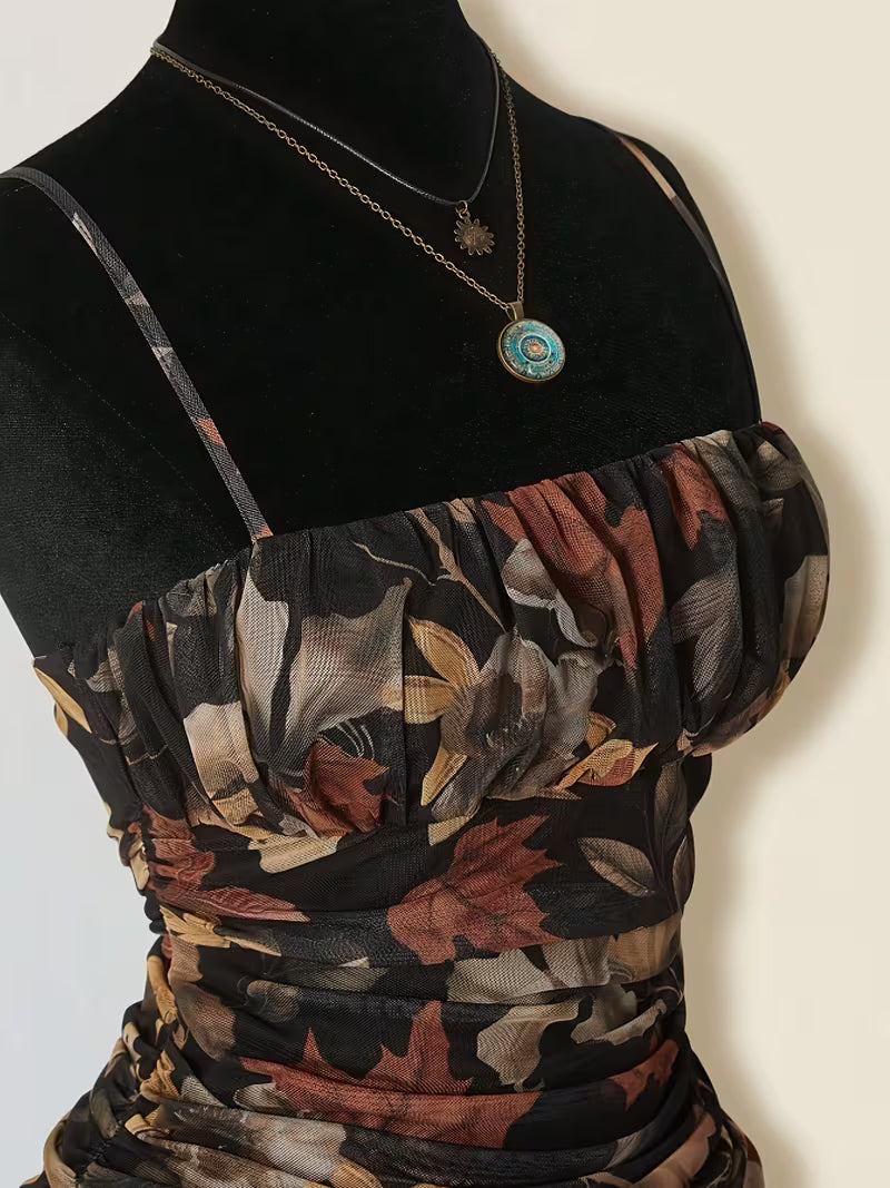 Black Floral Ruched Spaghetti Strap Maxi Dress