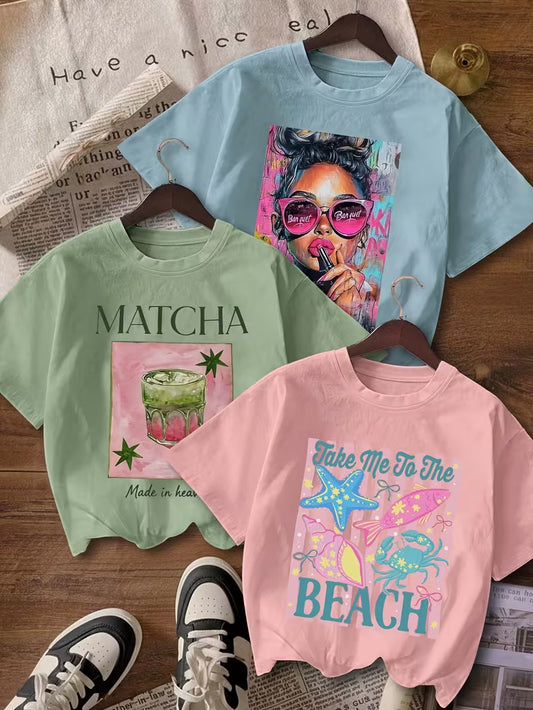Set of 3 Trendy Graphic Printed T-Shirts for Women