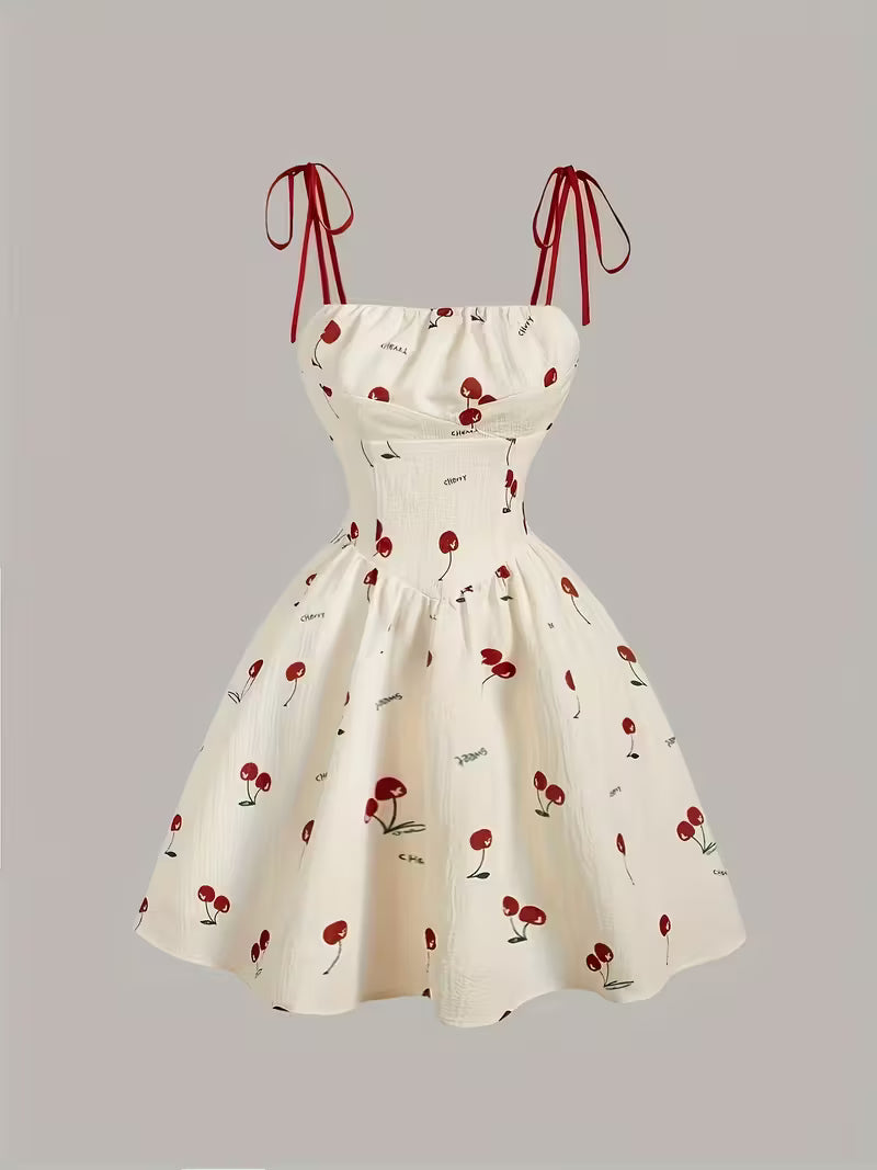Cherry Print Tie-Strap Mini Dress