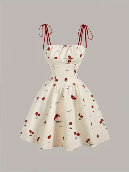 Cherry Print Tie-Strap Mini Dress