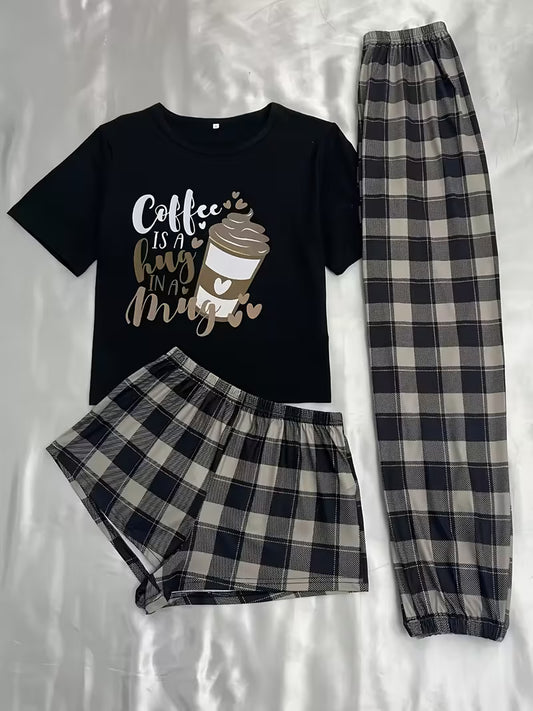 Women’s 3-Piece Coffee Print Pajama Set – T-Shirt, Plaid Shorts & Lounge Pants