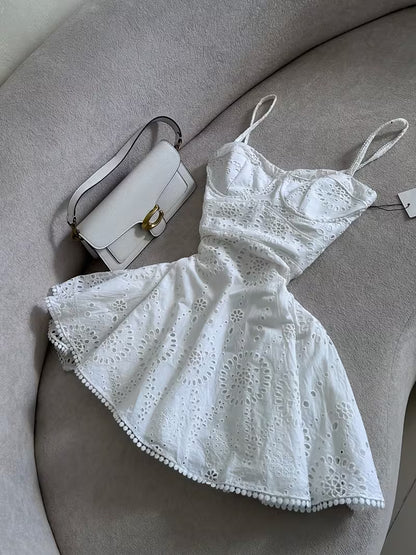 White Eyelet Embroidered Flare Dress