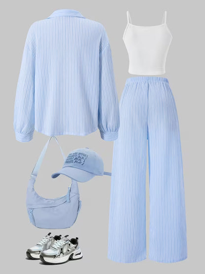 Cloud Blue Striped 3-Piece Co-Ord Set