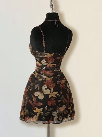 Black Floral Ruched Spaghetti Strap Maxi Dress