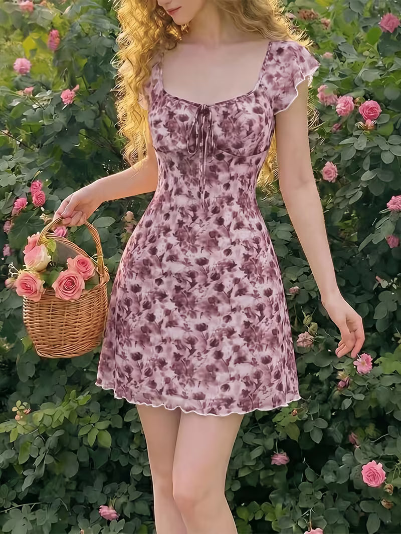 Lavender Floral Ruched Midi Dress