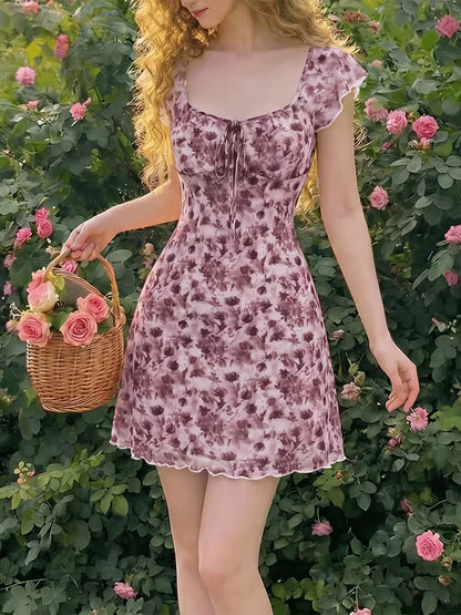 Lavender Floral Ruched Midi Dress