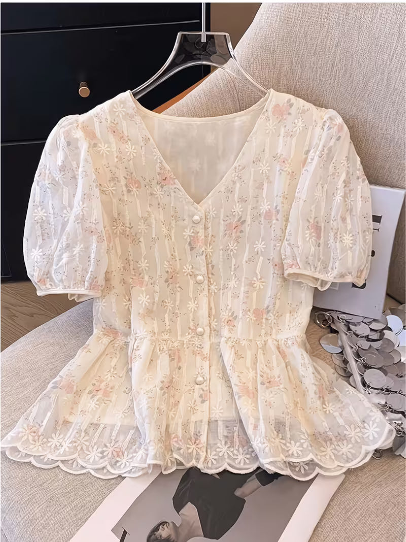Floral Embroidered Puff Sleeve Peplum Top