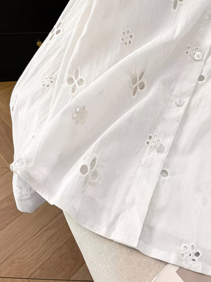 Women’s White Floral Eyelet Embroidery Button-Down Shirt