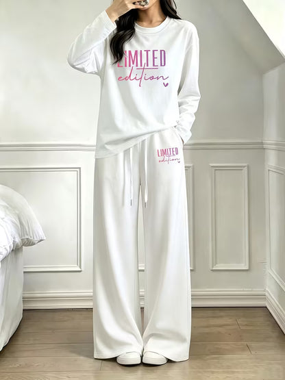 Women’s White “Limited Edition” Printed Long Sleeve T-Shirt and Wide-Leg Pants Co-Ord Set