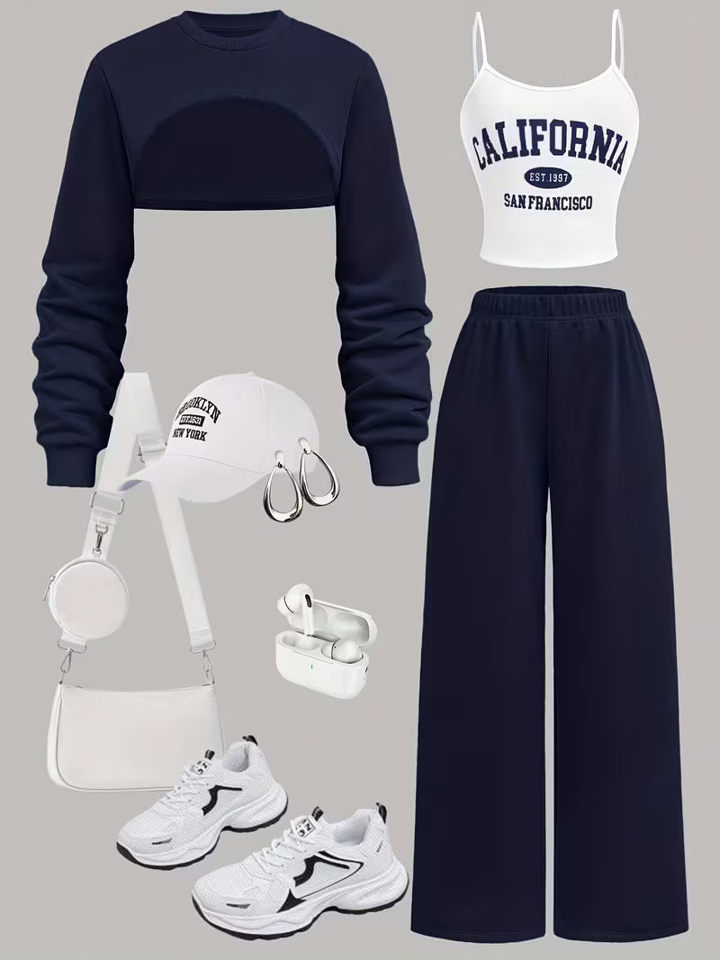 Women’s Navy Blue Cropped Sweatshirt & Wide-Leg Pants 3-Piece Co-Ord Set