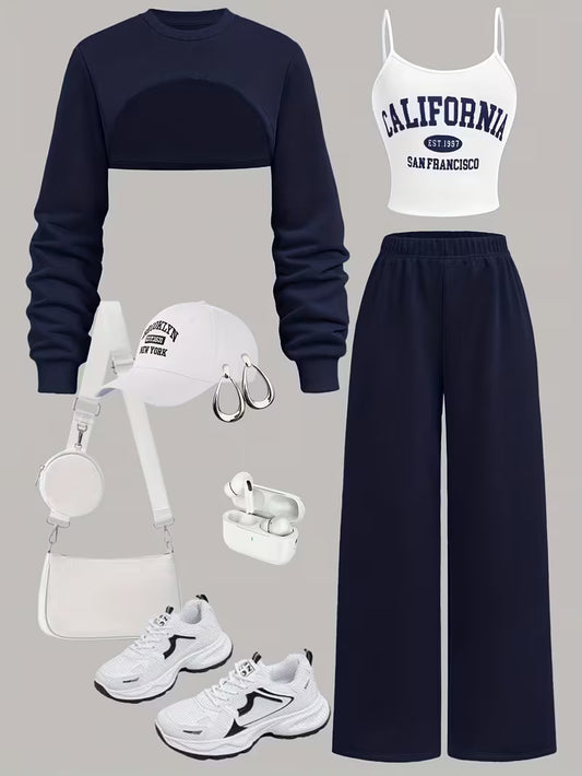 Women’s Navy Blue Cropped Sweatshirt & Wide-Leg Pants 3-Piece Co-Ord Set